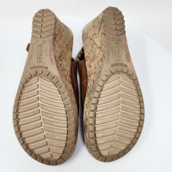 Crocs A-Leigh Slingback Wedge Sandals Women 7 Brown Leather Buckle Cork 11848 - Picture 10 of 11